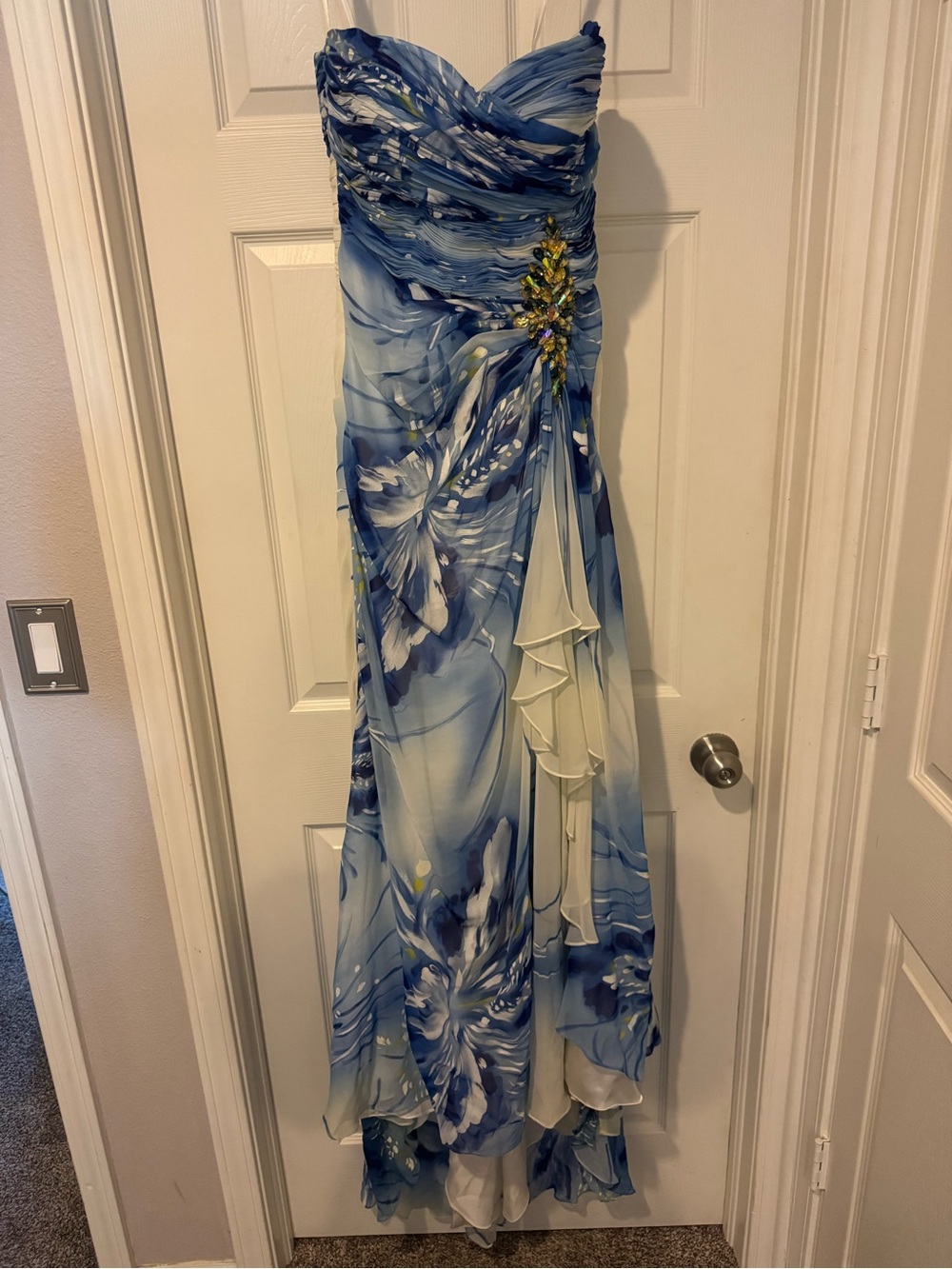 Strapless Blue Floral Evening Gown